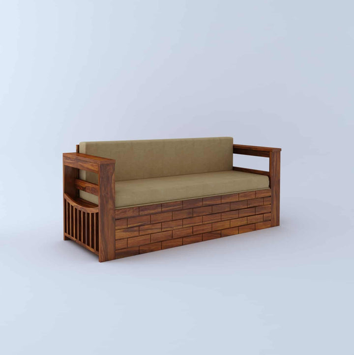 Harmony Solid Sheesham Wood 3 Seater Sofa Cum Bed With Headboard and Mini Storage