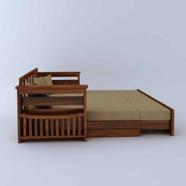 Eliana Solid Sheesham Wood 3 Seater Sofa Cum Bed With Mini Storage and Side Pockets