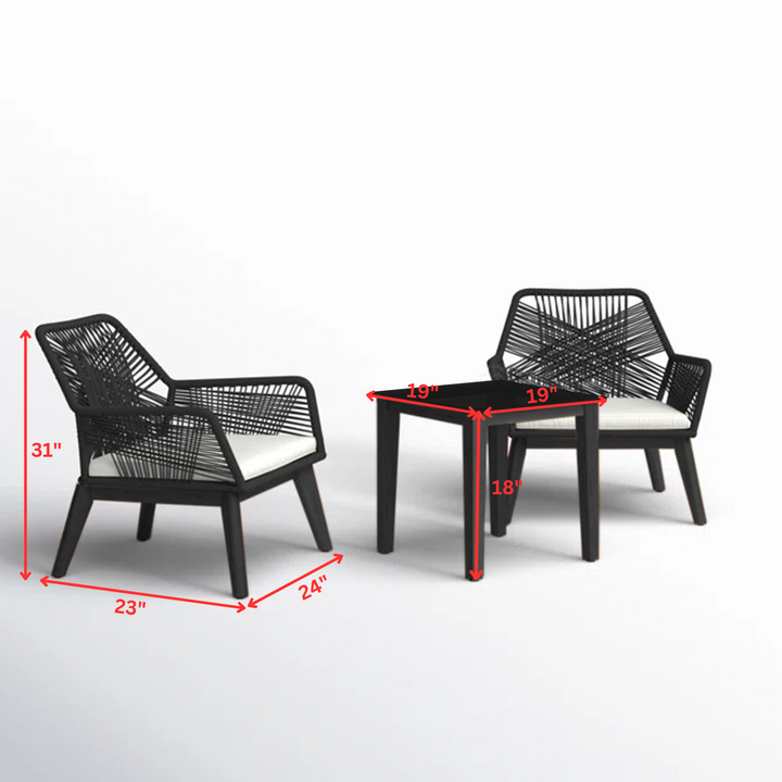Elicia  Outdoor Patio Seating Set 2 Chairs and 1 Table Set (Black) Braided & Rope