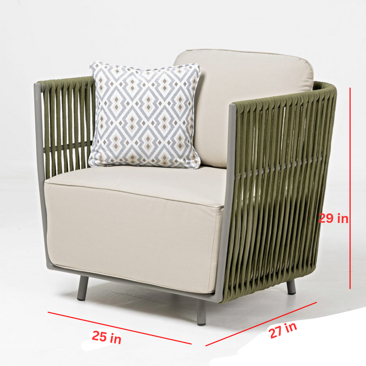 Klara Outdoor Garden Balcony Sofa Set 3 Seater,2 seater and Single Seater With 1 Table Set, Braid & Rope (Green + Beige)