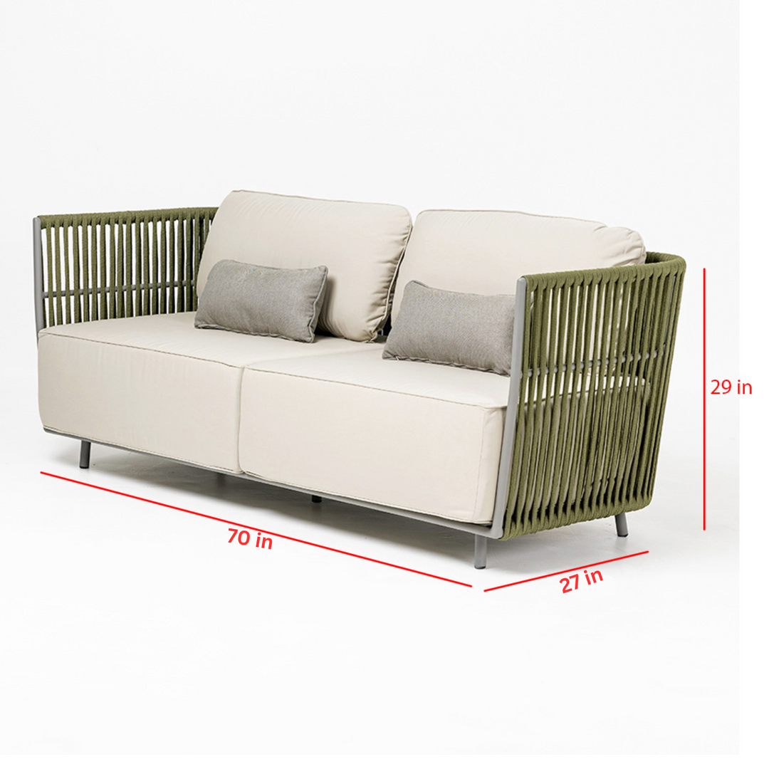 Klara Outdoor Garden Balcony Sofa Set 3 Seater,2 seater and Single Seater With 1 Table Set, Braid & Rope (Green + Beige)