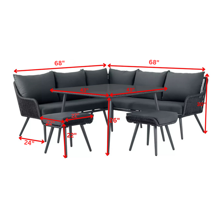 RETO Outdoor Sofa Set 5 Seater , 2 ottoman and 1 Center Table Set (Black) Braided & Rope