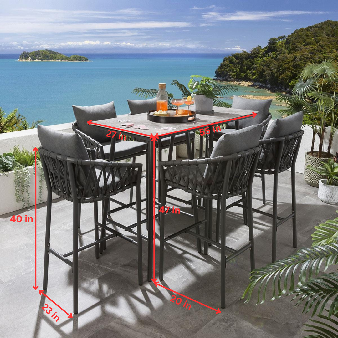 Rafaela Outdoor Patio Bar Set 6 Chairs and 1 Table Set Braided & Rope