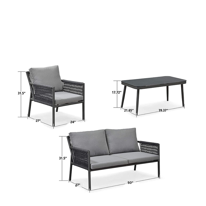 Deny Outdoor Sofa Set 2 Seater , 2 Single seater and 1 Center Table Set (Grey) Braided & Rope