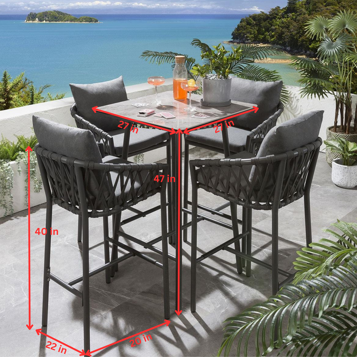 Verónica Outdoor Patio Bar Set 4 Chairs and 1 Table Set Braided & Rope
