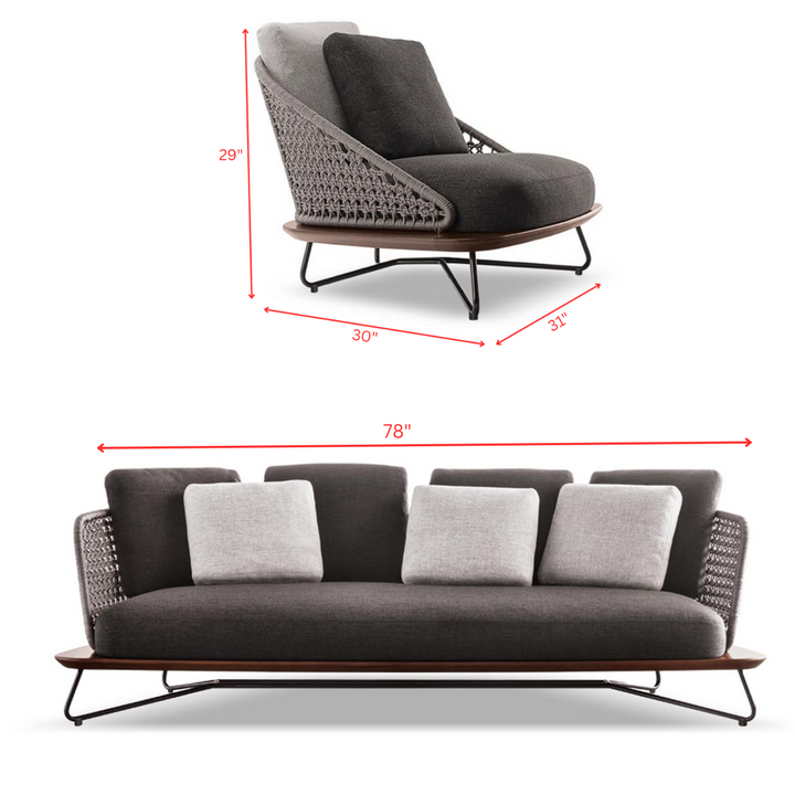 Alano Outdoor Garden Balcony Sofa Set 3 Seater, 2 Single Seater 1 Ottoman and 1 Center Table Set Braid & Rope (Grey)