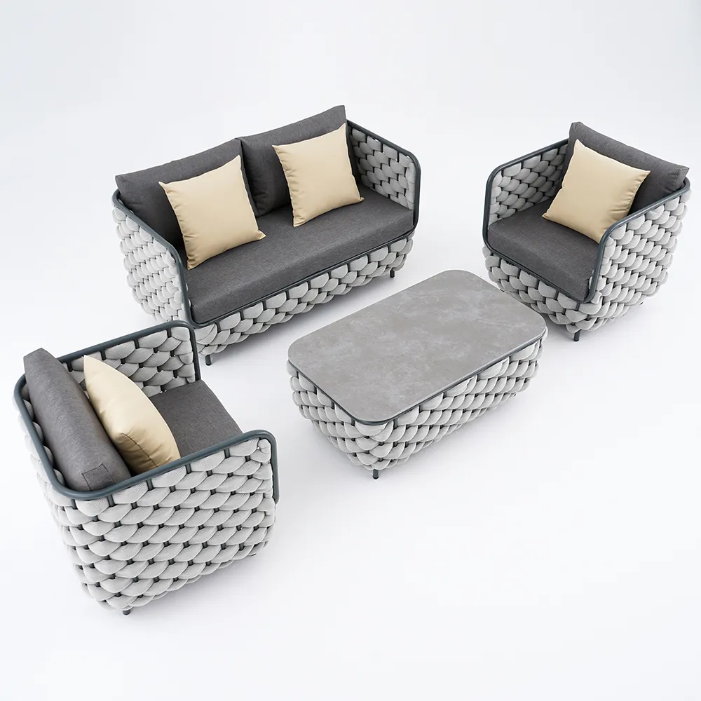 Fepel Outdoor Garden Balcony Sofa Set 2 Seater, 2 Single seater and 1 Center Table Set, Braid & Rope (Grey)