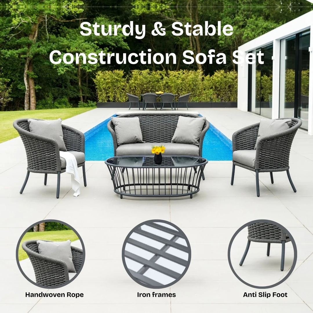 Zahra Outdoor Grey Rope 4 Piece Patio Sofa Set with Light Grey Cushions