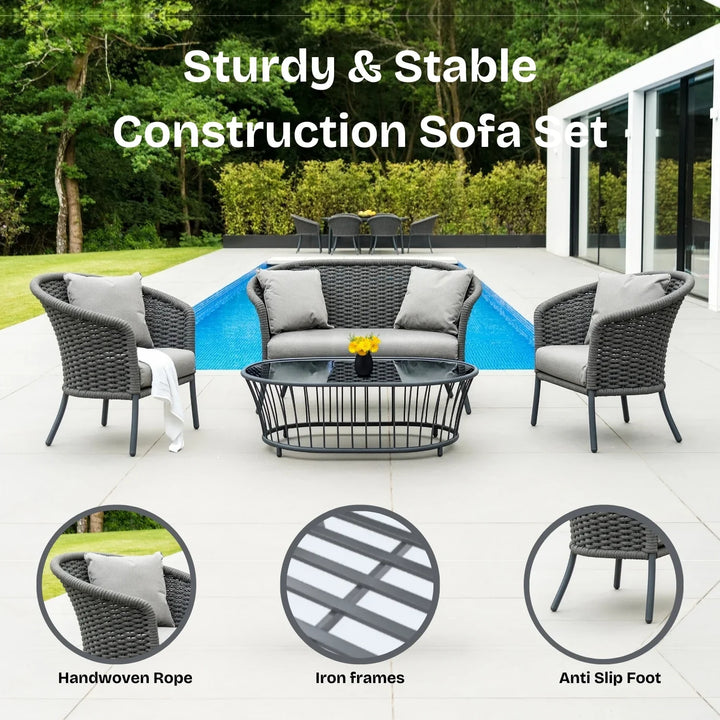 Zahra Outdoor Grey Rope 4 Piece Patio Sofa Set with Light Grey Cushions