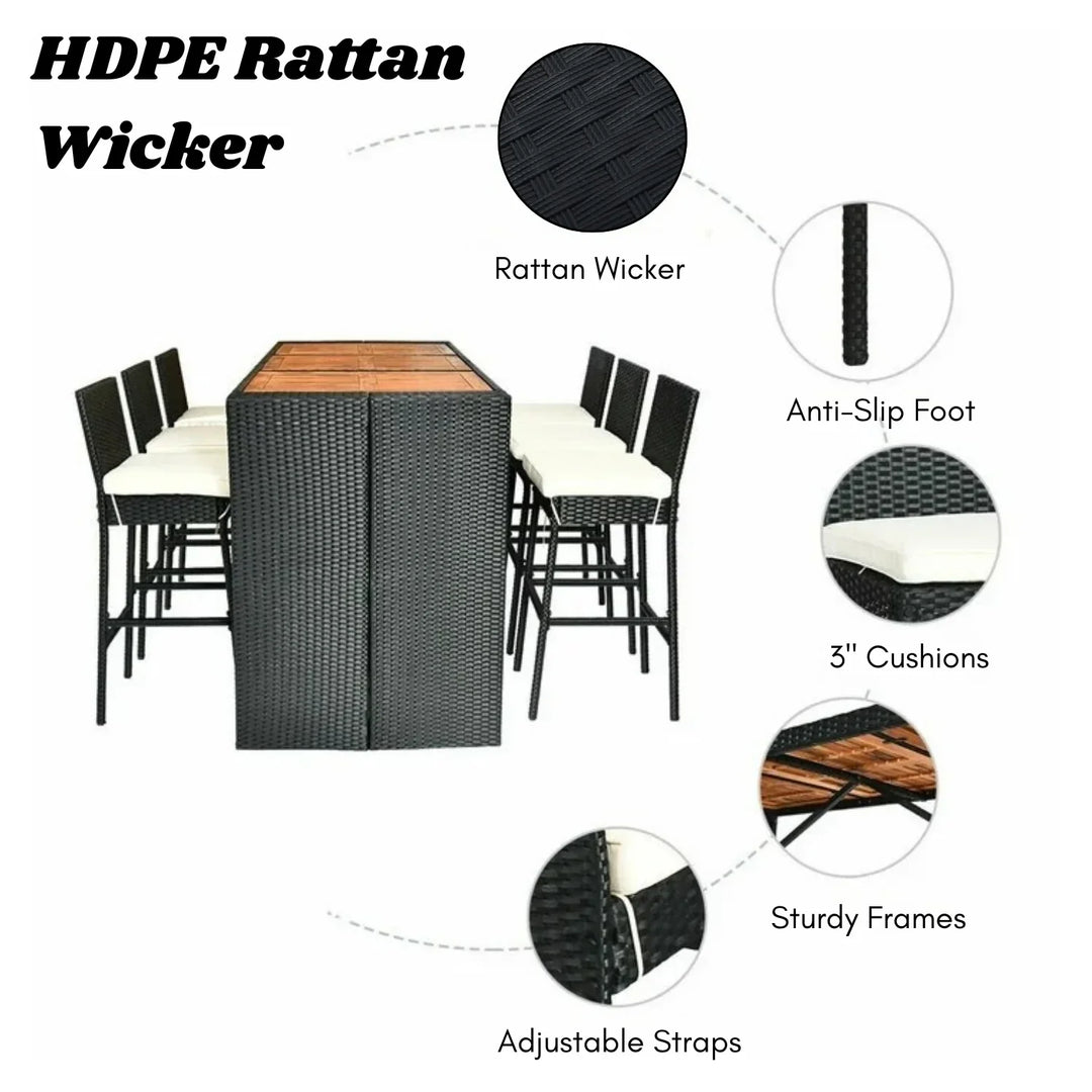 Lyra 7-Piece Outdoor Rattan Wicker Bar Set with Wooden Top Table