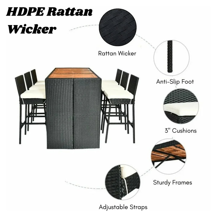 Lyra 7-Piece Outdoor Rattan Wicker Bar Set with Wooden Top Table