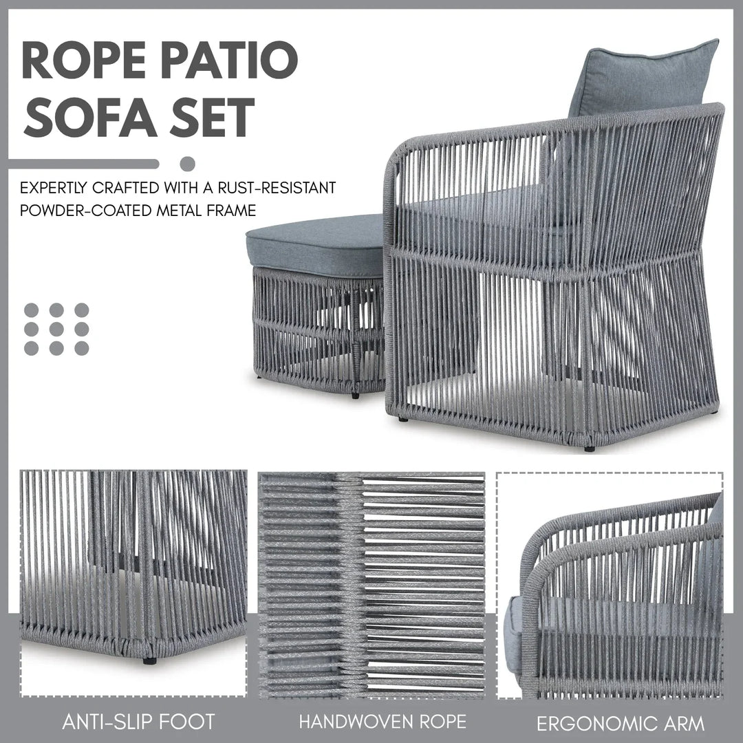Chhaya Outdoor 3 Piece Rope Patio Sofa Set (Grey)