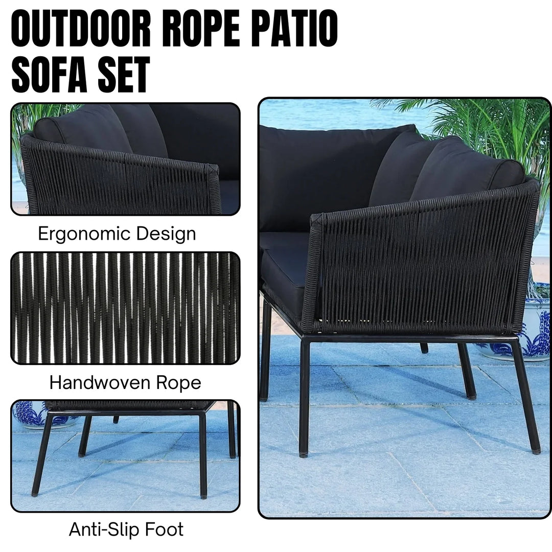 Rasha Outdoor Black Rope L-Shape All Weather Sectional Sofa Set