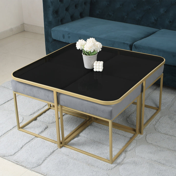 Benton Nesting Black Glass Coffee Table Set With 4 Stools In Gold Finish