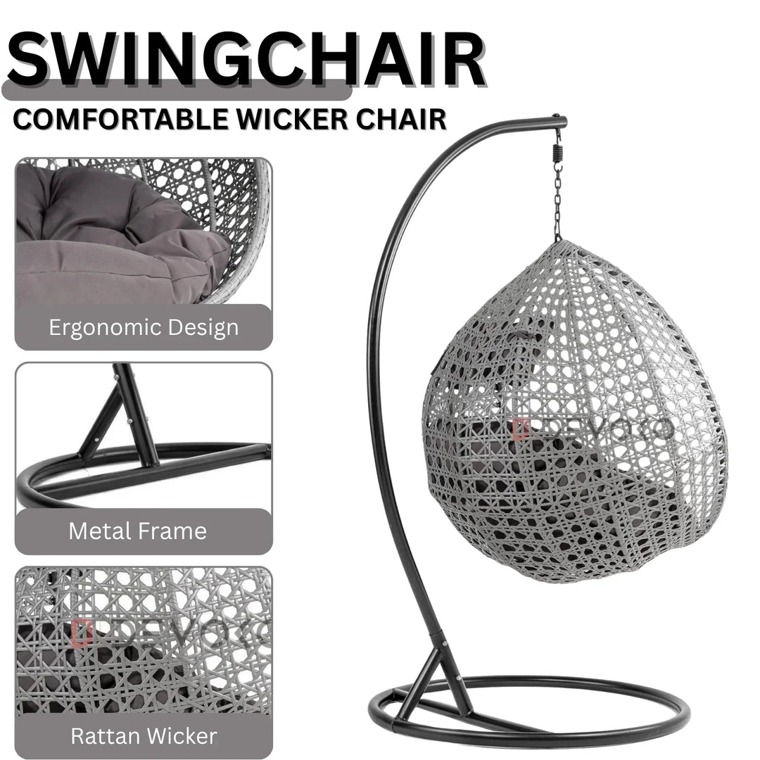 Nainika Single Seater Rattan & Wicker Swing (Grey)
