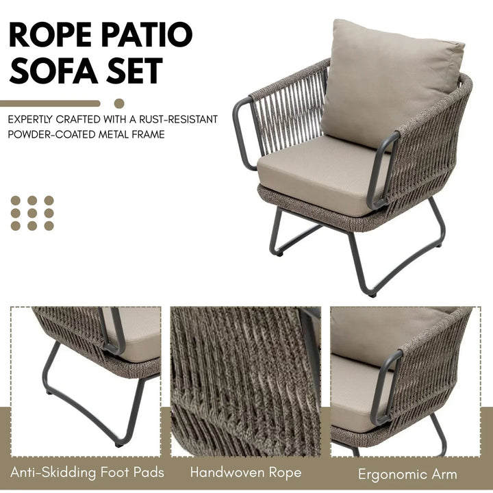 Pinon Outdoor Garden Balcony Sofa Set 2 Seater , 2 Single Seater 1 Center Table Set (Beige) Braided and Rope