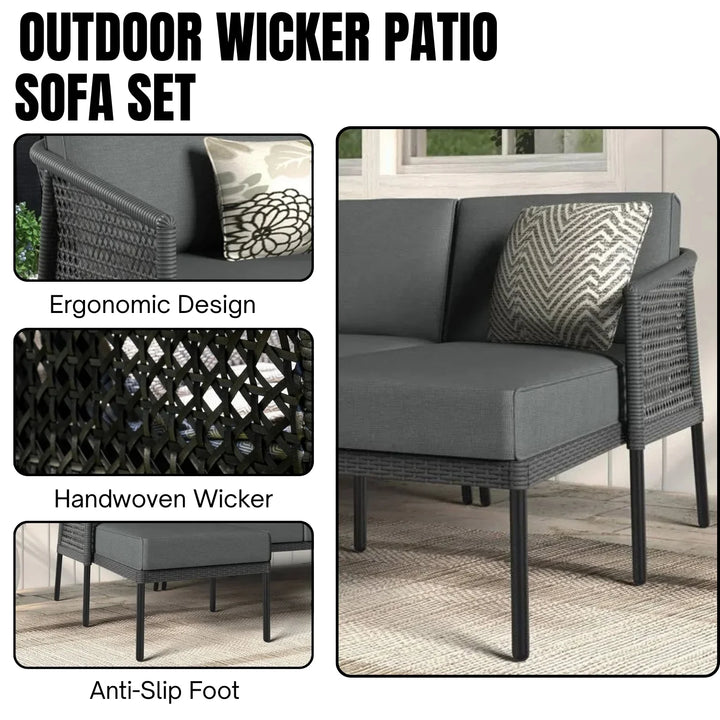 Rowan L-Shaped Patio Conversation Sofa Set with Thick Cushions & Side Table (Grey)