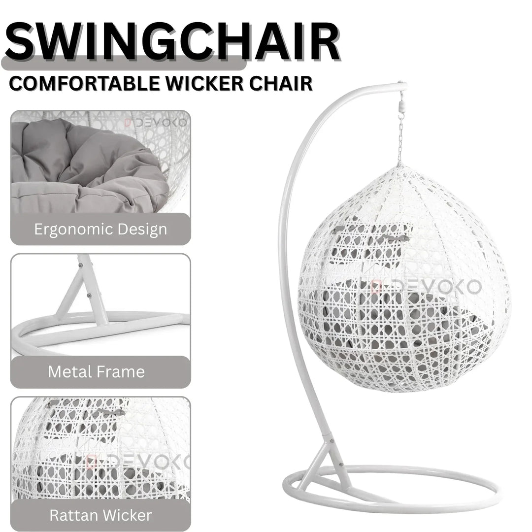 Single Seater Rattan & Wicker Swing (White & Grey)