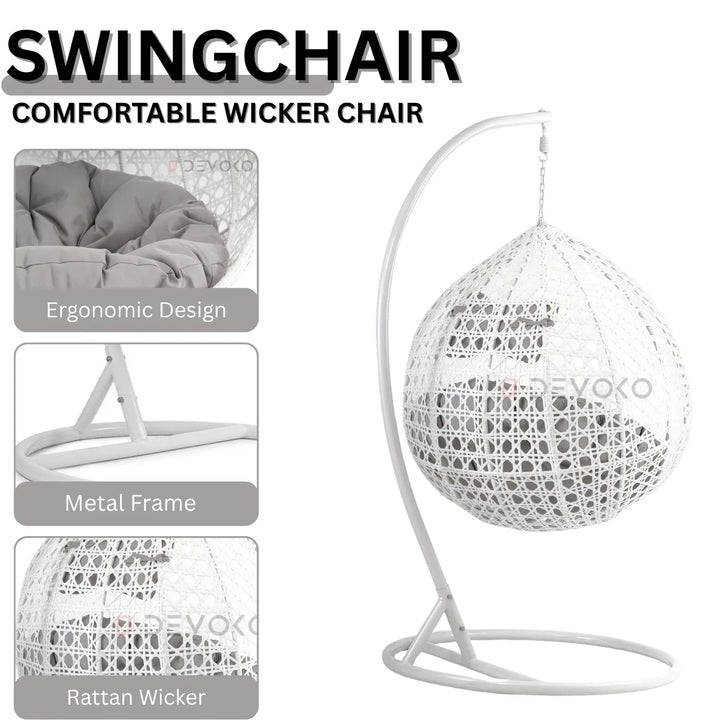 Single Seater Rattan & Wicker Swing (White & Grey)