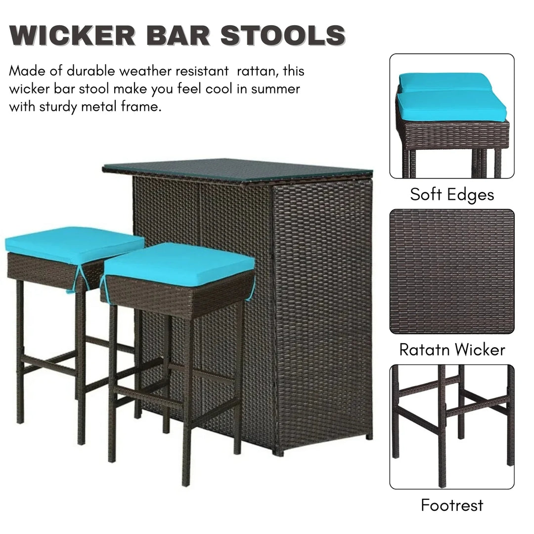 Outdoor Wicker Bar Set with Glass Top, 2 Cushioned Stools