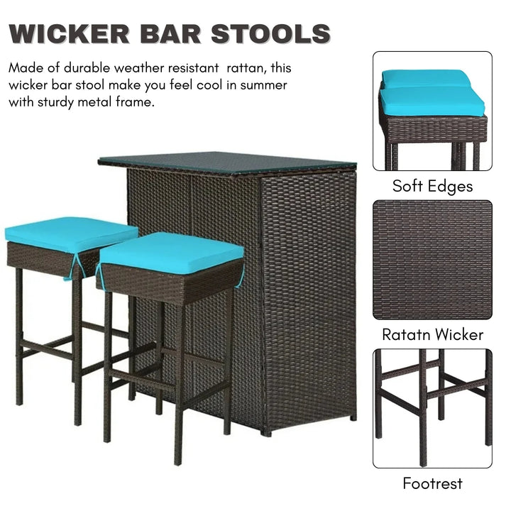 Outdoor Wicker Bar Set with Glass Top, 2 Cushioned Stools
