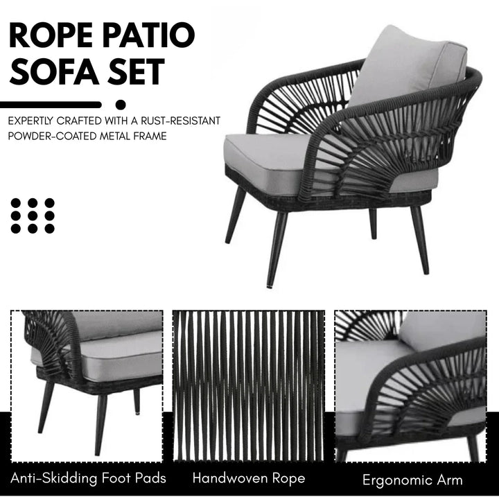 Presley Outdoor Rope 4-Piece Patio Sofa Set with Glass Top Table (Black/Light Grey)