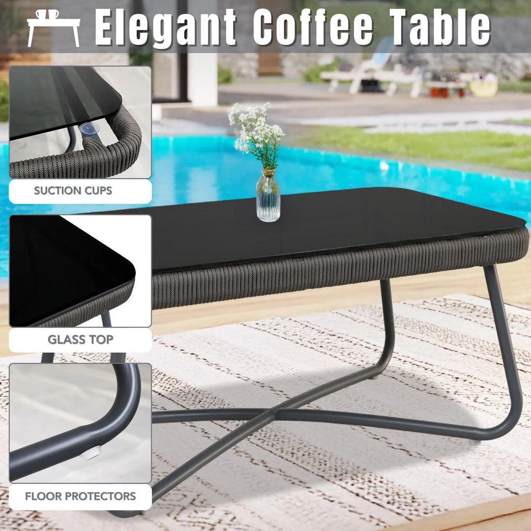 Castolo Outdoor Garden Balcony Sofa Set 3 Seater, 2 Single Seater 1 Ottoman and 1 Center Table Set Braid & Rope (Grey)