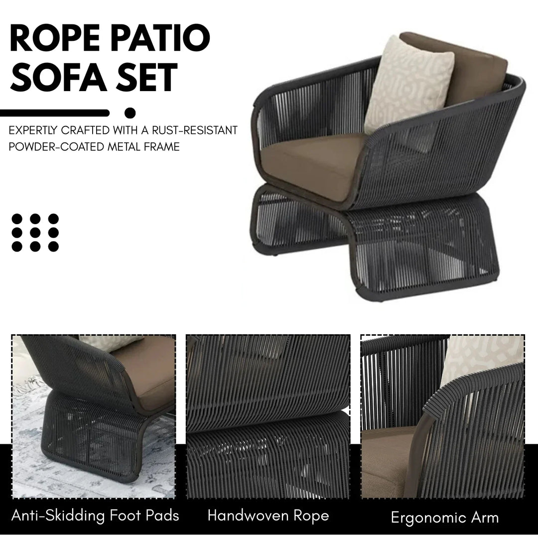 Yumna Outdoor Braided Rope Sofa Set With 2-Tier Glass Top Table