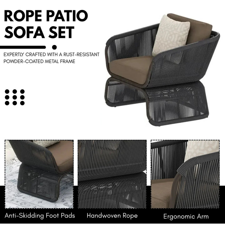 Yumna Outdoor Braided Rope Sofa Set With 2-Tier Glass Top Table