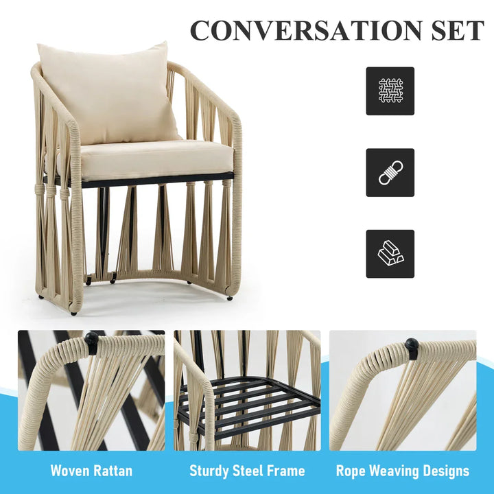 Varqo Outdoor Patio Seating Set 2 Chairs and 1 Table Set Braided & Rope