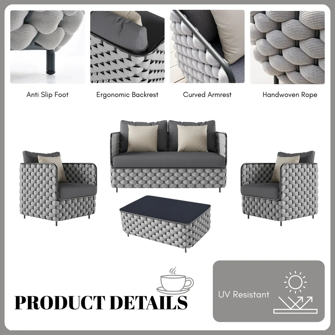 Rina 4 Piece Outdoor Rope Sofa Set with Glass Top Coffee Table (Light Grey & Dark Grey)