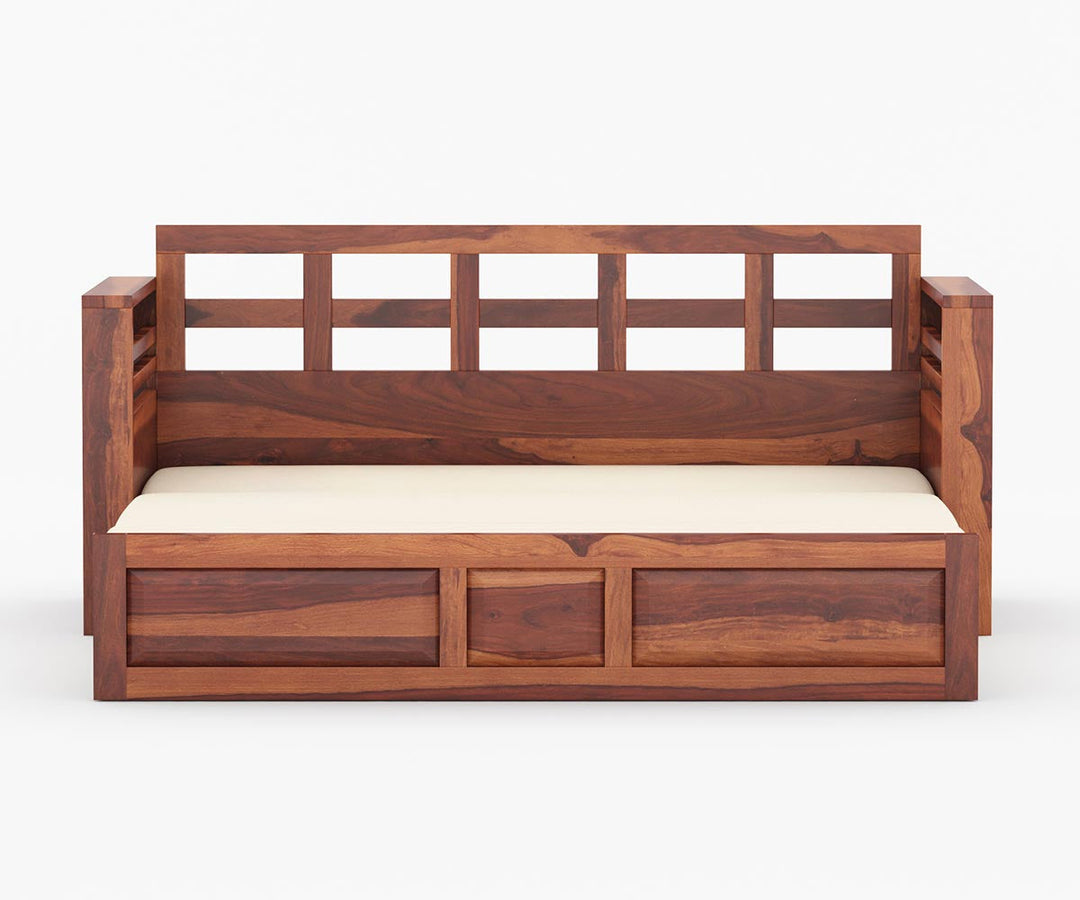 Artem Solid Wood Sheesham Sofa Cum Bed | Solid Wood Sofa Come Bed (Honey Finish)