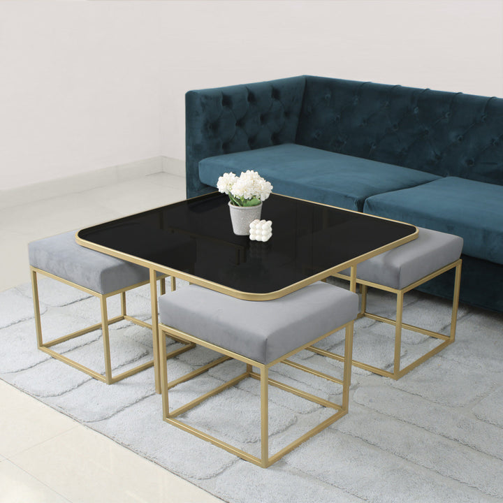 Benton Nesting Black Glass Coffee Table Set With 4 Stools In Gold Finish