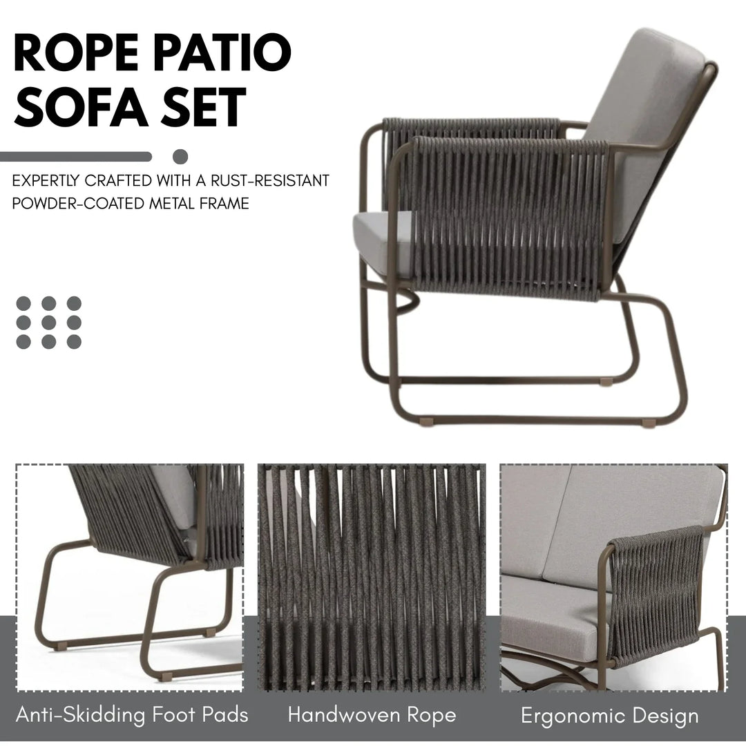 Isabeau Outdoor Rope Loveseat Sofa Set With Wooden Top Table