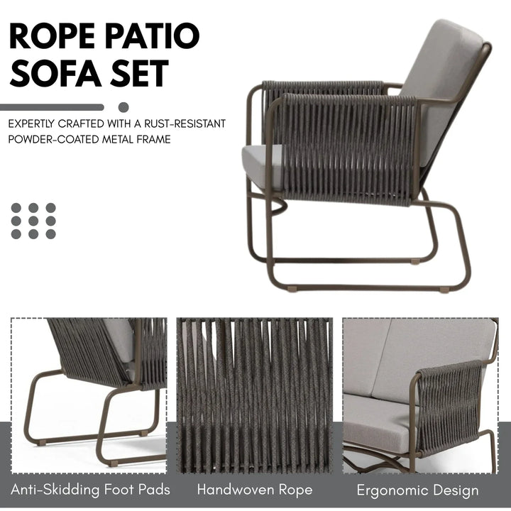 Isabeau Outdoor Rope Loveseat Sofa Set With Wooden Top Table