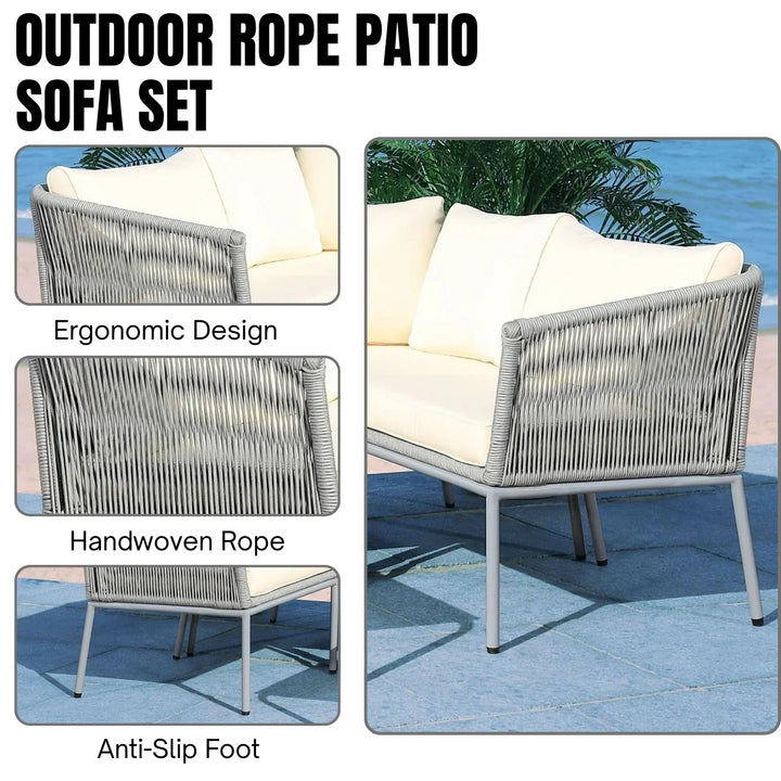 Adele Outdoor Grey Rope L-Shape All Weather Sectional Sofa Set