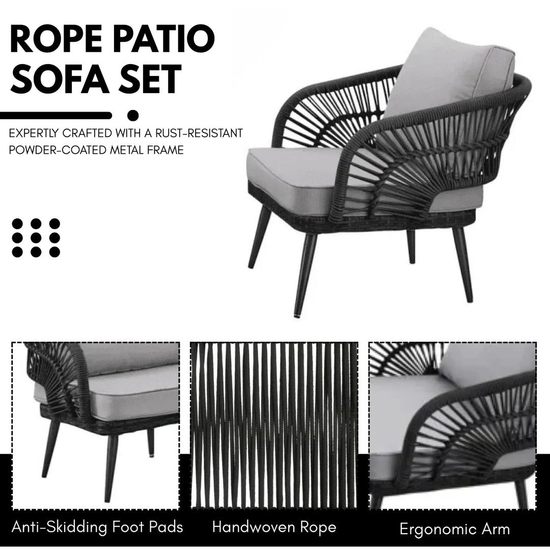Oceana Outdoor Rope Conversation Patio Sofa Set (Black /Light Grey)