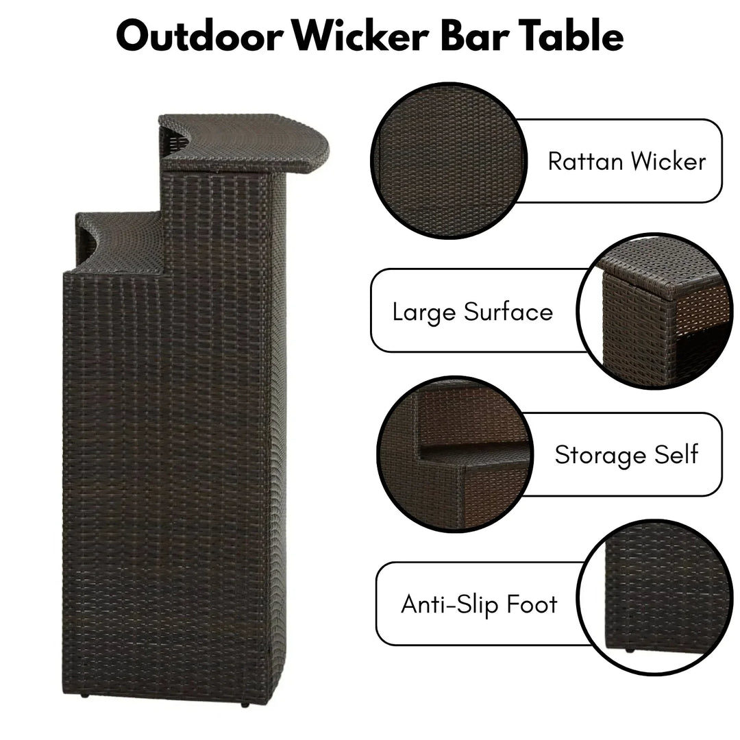 Herminia Outdoor Rattan Wicker Bar Table With a High-Top Design & Integrated Storage Shelf