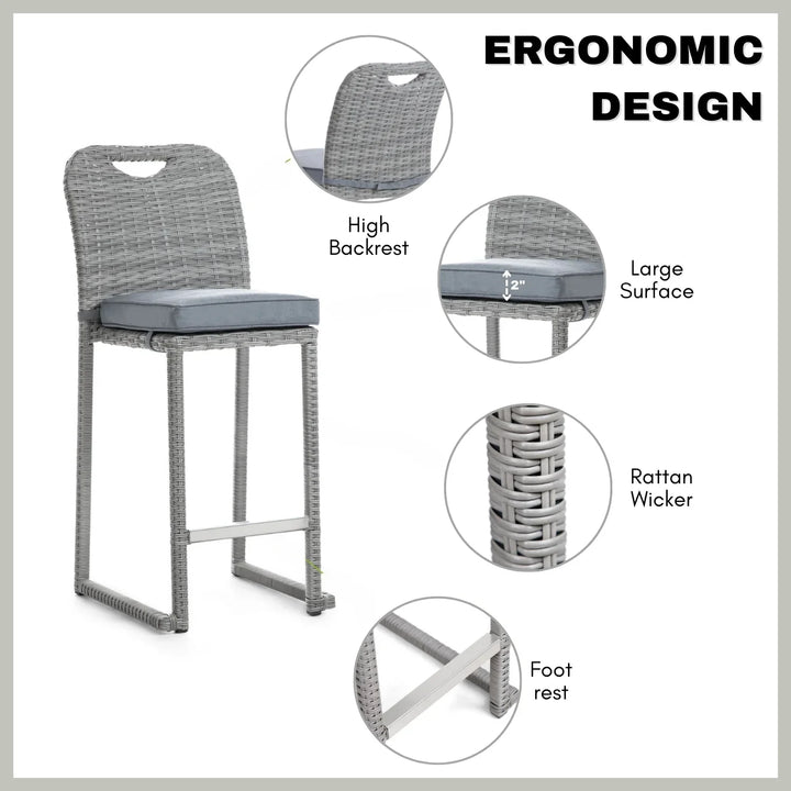 Thandi 7-Piece Outdoor Rattan Wicker Bar Set with Round Glass Top Table