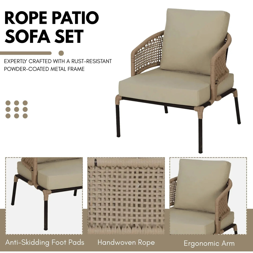Amaya All-Weather Patio Rope Sofa Set with Glass Top Coffee Table