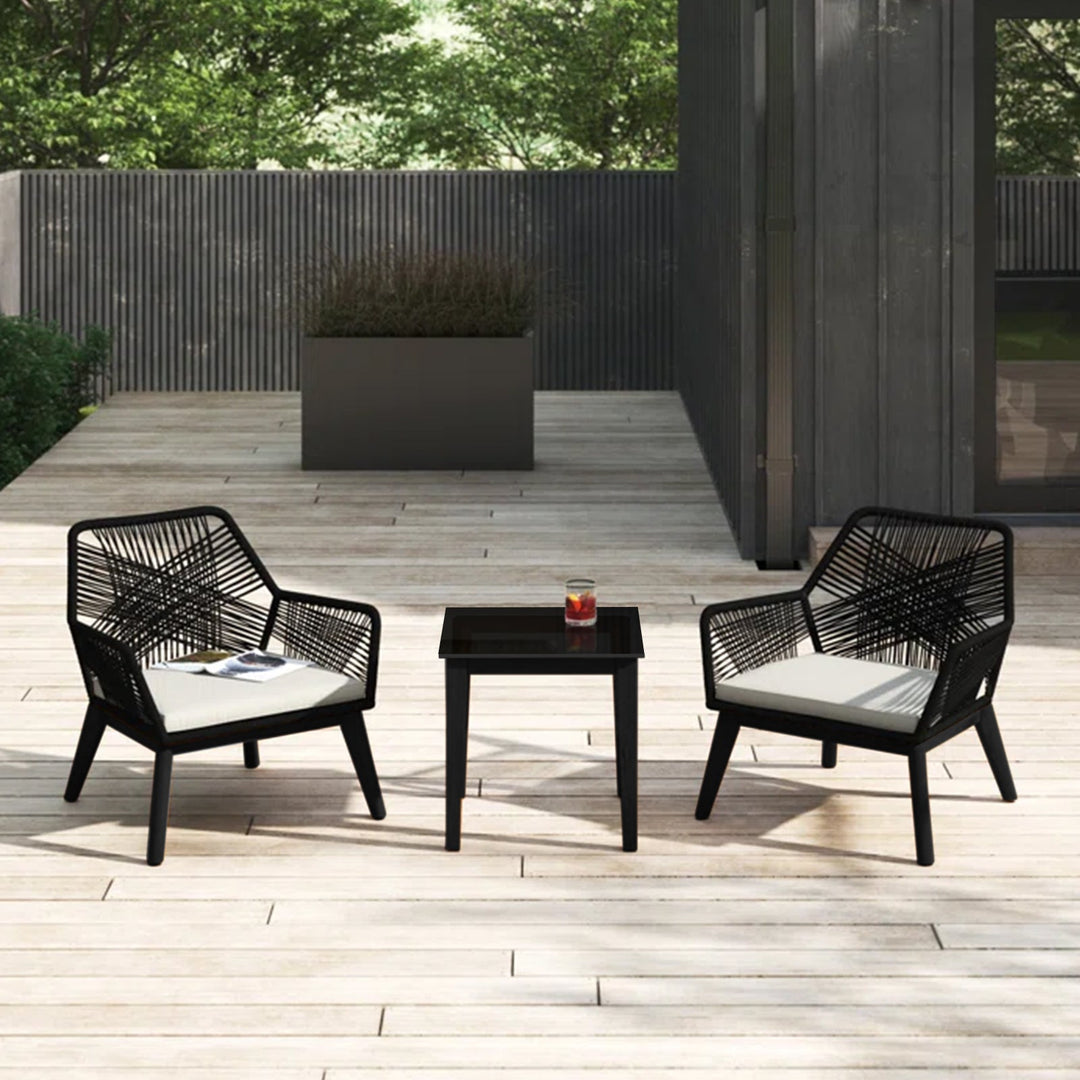 Elicia  Outdoor Patio Seating Set 2 Chairs and 1 Table Set (Black) Braided & Rope