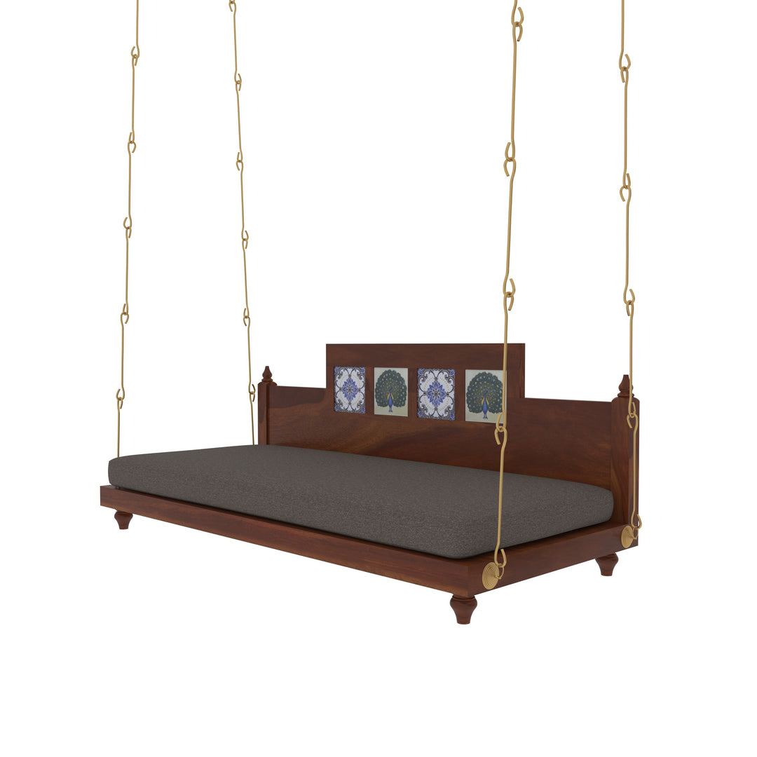 Krisha Artistic Wooden Swing with Hand-Painted Peacock Tiles – Balcony Jhula with Cushioned Seating