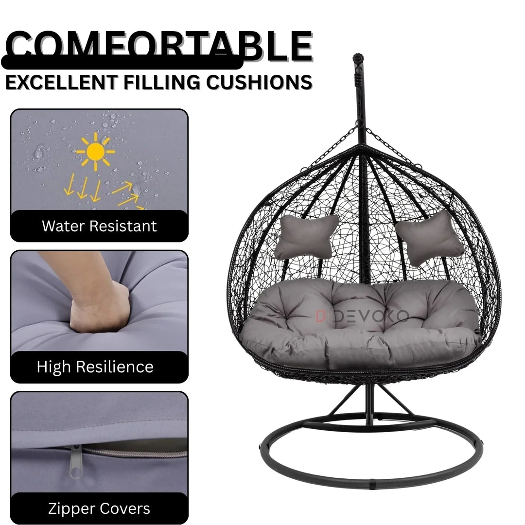 Hua Double Seater Rattan & Wicker Swing (Black & Grey)