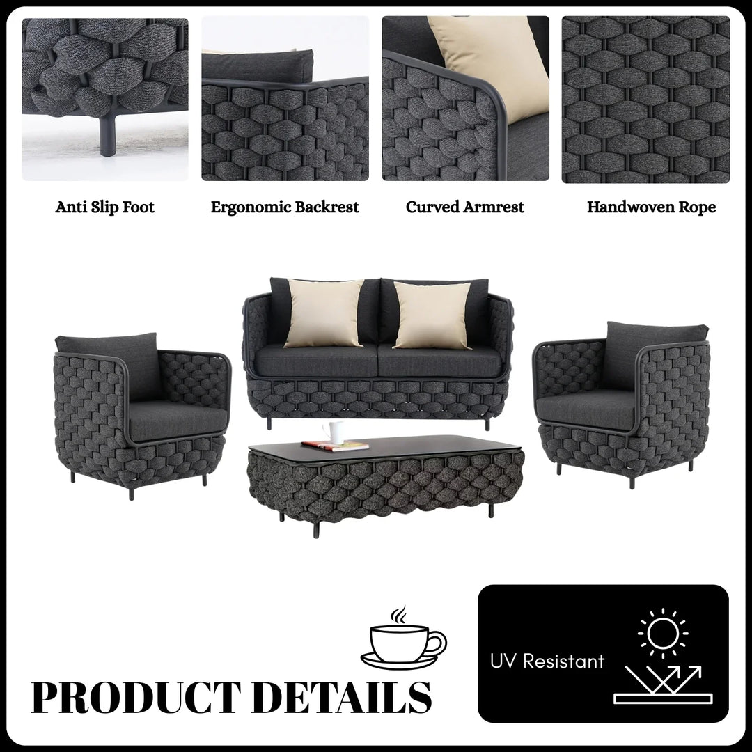 Camila 4 Piece Outdoor Rope Sofa Set with Glass Top Coffee Table (Black)