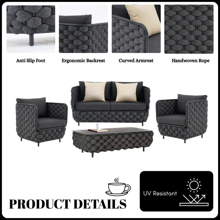 Camila 4 Piece Outdoor Rope Sofa Set with Glass Top Coffee Table (Black)