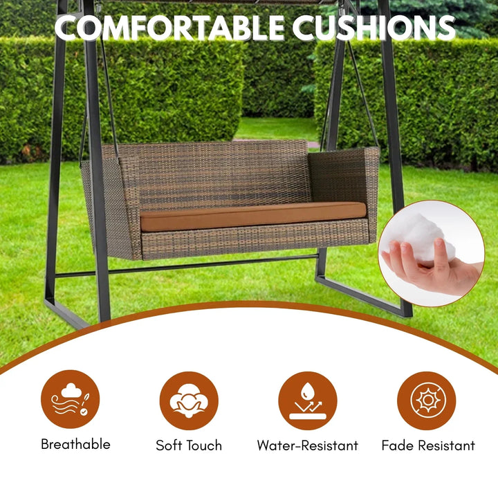 Tigist All Weather Wicker 2-Seat Patio Swing Chair with Shade & Cushions