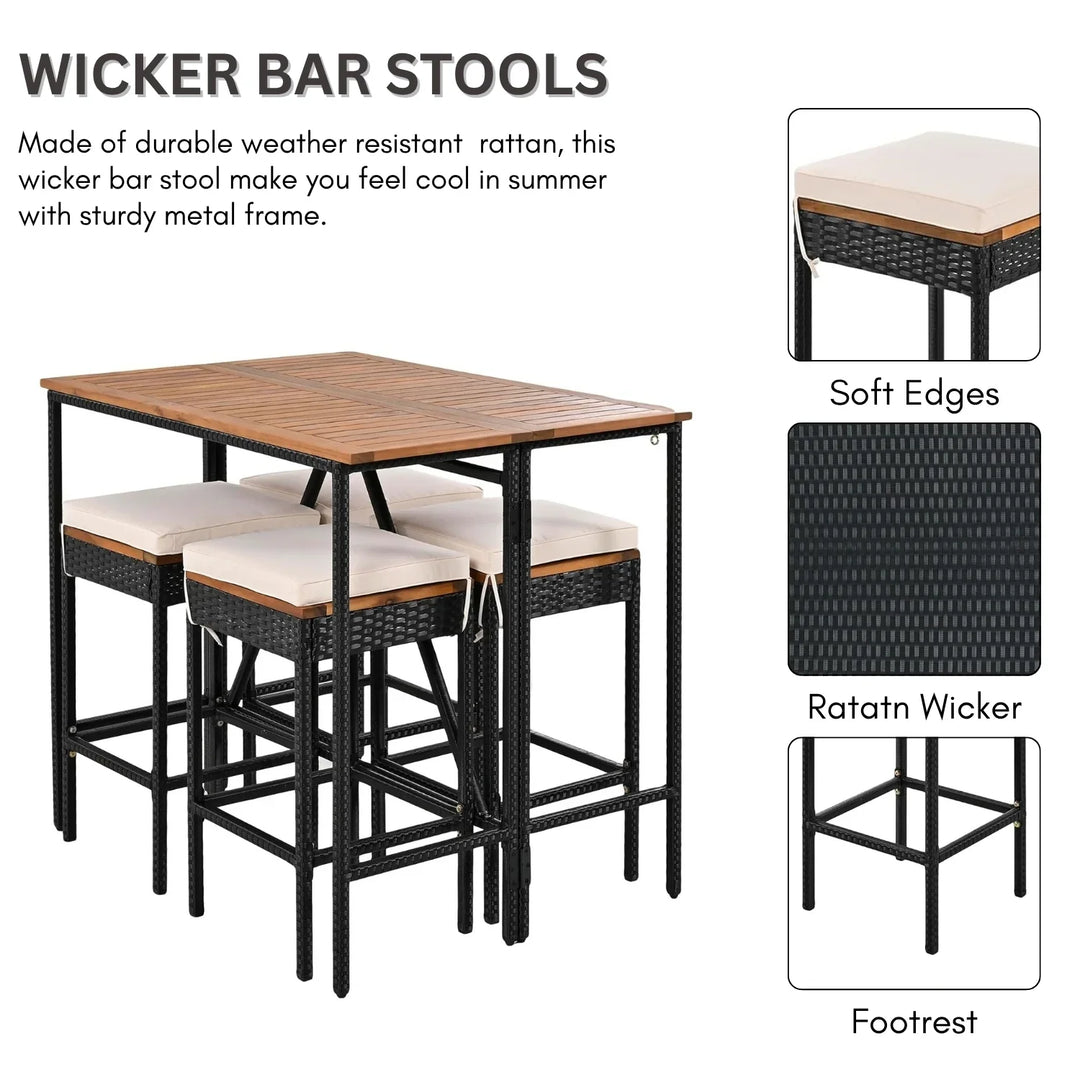 Mirabelle 5-Piece Outdoor Rattan Wicker Bar Set with Wooden Top Table
