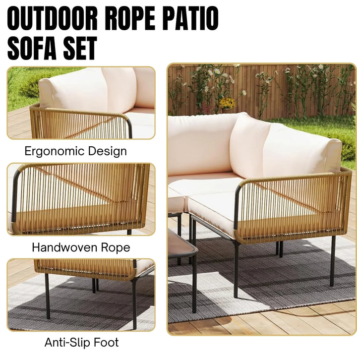 Eliana L-Shaped Rope Woven Outdoor Sofa Set (Beige & Cream)
