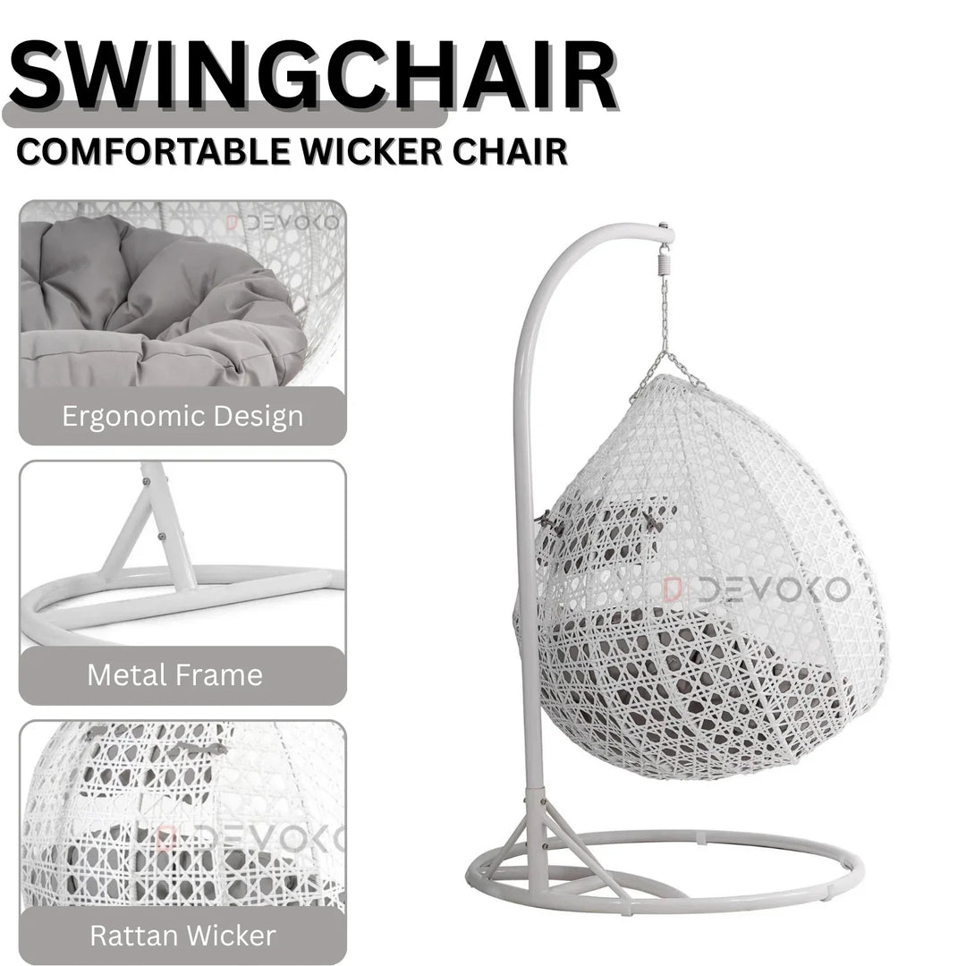 Jin Double Seater Rattan & Wicker Swing (White & Grey)