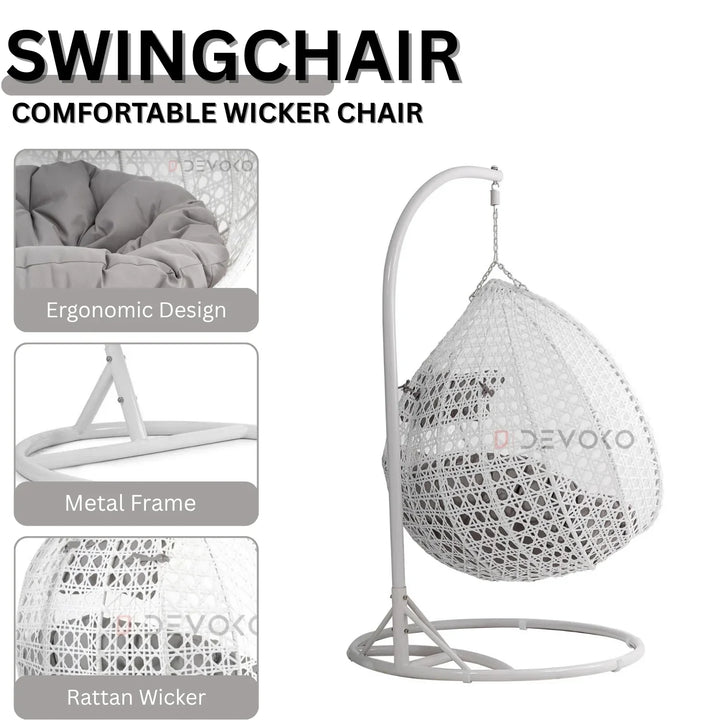Jin Double Seater Rattan & Wicker Swing (White & Grey)